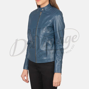 Blouson de motard en cuir véritable bleu pour femme, coupe ajustée, en peau de mouton souple, avec épaulettes matelassées, style mode - Product Image 4