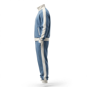 Survêtement bleu pour homme 100% coton, sweat-shirt à col roulé entièrement zippé, poches latérales, pantalon de jogging assorti, respirant, vêtements décontractés, été - Product Image 2