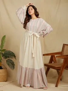 Striped <b>Linen</b> Cotton <b>Maxi</b> <b>Dress</b> With Lantern Sleeves Ruffle Hem Boho Loose Fit O-Neck Summer Casual <b>Dress</b> Sweet Style Natural - Product Image 2
