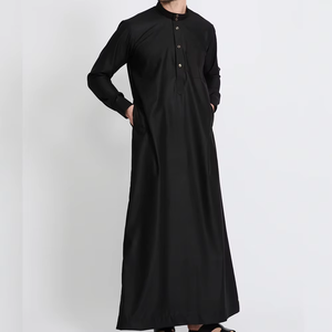 <b>Men's</b> Black Cotton <b>Thobe</b> Short Sleeve Floor Length Shirt Collar Modest Islamic Prayer Wear All Seasons Solid Color Loose - Product Image 4