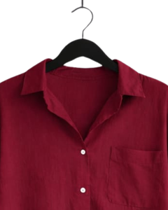 Ensemble deux pièces en lin rouge pour femme, chemise à manches longues boutonnée et pantalon large à taille élastique, tenue décontractée pour la détente - Product Image 4