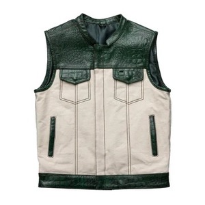 Gilet de motard en cuir véritable vert gaufré croco pour homme avec compartiment dissimulé pour armes de poing - Product Image 1