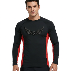 Men's <b>Black</b> Long Sleeve Rash Guard With Red Side Panels Embossed <b>Wing</b> Logo Quick Dry Compression Shirt - Product Image 5