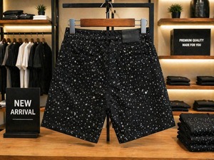 Shorts en jean de luxe pour homme, noirs, ornés de strass, style High Street, effet ciel étoilé, bling-bling - Product Image 3