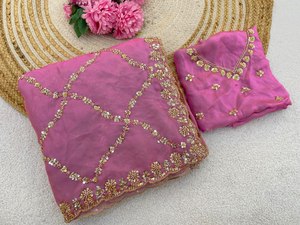 Ropa Étnica India: Sari de Seda Espacial Pura con Hermosos Bordados Originales en Oro y Borde con Trabajo de Corte, con Blusa de Seda Espacial - Product Image 6