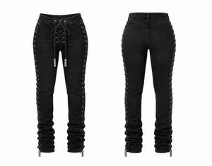 Women's <b>Black</b> Lace up <b>Trousers</b> <b>Skinny</b> <b>Fit</b> Breathable Mid Waist Jeans Side Lace Detail Pull on Casual Streetwear - Product Image 1