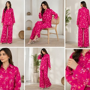 Premium Women's Floral Printed 2 Piece Co-Ord Set Long Sleeve High-Low Button <b>Down</b> Shirt with Wide Leg <b>Trousers</b> Casual Wear - Product Image 5