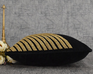Luxury Black <b>Gold</b> Beaded <b>Throw</b> Pillow Cover Geometric Stripe Embellished Cushion Velvet Home Accent - Product Image 4