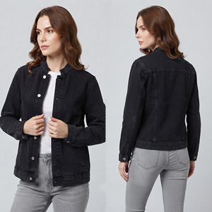 Women's Black <b>Denim</b> Quilted Trucker <b>Jacket</b> Stand Collar Full Sleeve Button Closure Windproof Breathable Fashion Style - Product Image 1
