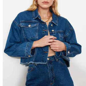 Veste en jean pour femme, style trucker, manches longues, col rabattu, longueur courte, couleur unie, manteau décontracté d'automne, bleu - Product Image 5