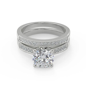 18K White <b>Gold</b> Round Brilliant Lab Grown Diamond Engagement <b>Ring</b> <b>Set</b> Milgrain Double Band Bridal <b>Set</b> | IGI Certified Wholesale - Product Image 4