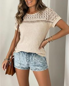 Top Casual Minimalista, Delgado, Sólido, Transpirable, Vintage, de Punto, de Manga Corta, Falda de Poliéster, Top Informal - Product Image 2