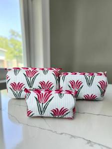 Premium Pink Tulip Print 3 Piece <b>Quilted</b> <b>Makeup</b> Pouch Set Cotton Cosmetic <b>Bags</b> for Women Travel Toiletry Organizer Zipper Gift S - Product Image 4