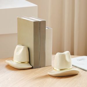 White Ceramic Cowboy Hat <b>Bookends</b> for Office Desk Decoration - Product Image 4