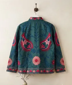 Bohemian Blue <b>Velvet</b> Suzani Embroidered <b>Jacket</b> with Floral Print Full Sleeve Stand Collar Handmade <b>Women's</b> Autumn Outerwear - Product Image 4