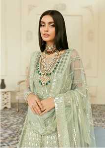 Lehenga Choli de mariée pakistanais haut de gamme vert poussière avec broderies argentées, robe de mariée en soie longue jusqu'au sol - Product Image 4