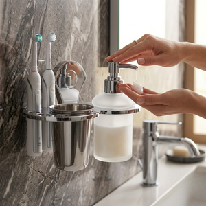 Support mural 2-en-1 en acier inoxydable pour gobelets avec distributeur de savon liquide, flacon de savon pour les mains en verre dépoli et support pour dentifrice - Product Image 3