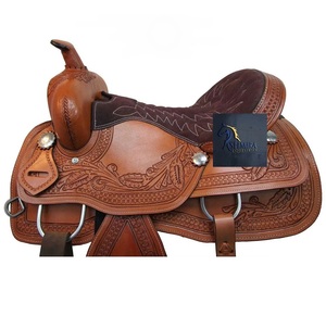 อานม้าหนังแท้ลายดอกไม้สไตล์ตะวันตก พร้อมตะกร้าหนังตกแต่งด้วยมือ สำหรับแข่งม้าบาร์เรลเรซซิ่ง  ตกแต่งด้วยโลหะคอนโชส์  ที่นั่งหนังกลับสีน้ำตาล ขนาด 10 นิ้ว ถึง 18 นิ้ว - Product Image 5