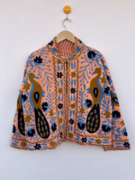 Blouson Bomber Unisexe en Coton Blanc Brodé à la Main Style Bohème, Respirant, Motifs Floraux Vibrants, Poches Plaquées sur le Devant, Long