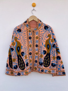 Premium Hand Embroidered Boho Style <b>White</b> Cotton Reversible <b>Jacket</b> Women Vibrant Floral Work Front Patch Pockets Long Sleeve - Product Image 1