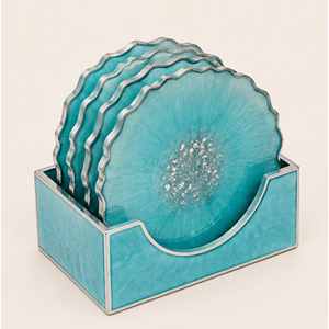 Luxury <b>Blue</b> <b>Glitter</b> Epoxy Resin Coasters Set with Holder Silver Foil Flakes Heat-Resistant Table Protection Mats Wholesale - Product Image 3