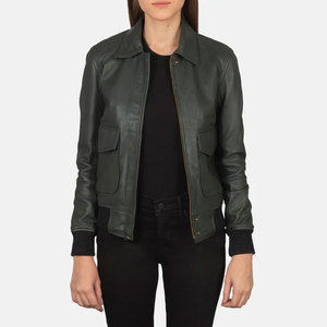 Premium Women Dark Green Real <b>Leather</b> Bomber <b>Jacket</b> Classic Shirt Collar Slim Fit Soft Sheepskin Casual Flight Coat - Product Image 1