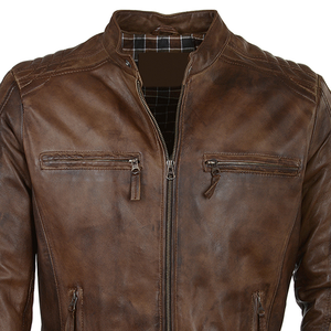 Blouson de motard vintage en cuir marron pour homme, finition vieillie, col montant, fermeture éclair intégrale, poches zippées sur la poitrine, épaules matelassées - Product Image 6
