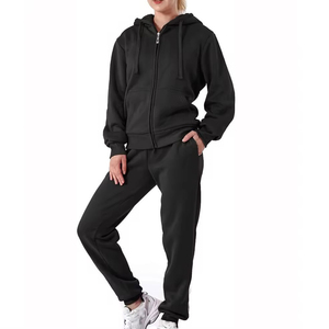 Women's <b>Black</b> Hooded <b>Zipper</b> Tracksuit Full Sleeve Solid Color Casual <b>Hoodie</b> Pants Set Breathable Midweight Regular Fit OEM - Product Image 6