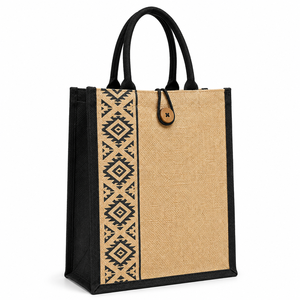 Geometric Pattern Jute Shopping <b>Bag</b> <b>Medium</b> <b>Size</b> Button Closure Hand Length Handle Groceries Use - Product Image 1