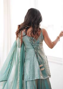 Conjunto de Traje Palazzo de Seda Verde Menta para Mujer, Corte Regular, Largo hasta el Suelo, con Dupatta Bordada, Traje Étnico de 3 Piezas para Boda - Product Image 6