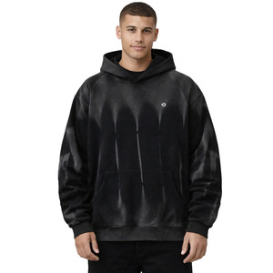 Sweat-shirts à capuche noirs délavés pour hommes, coupe oversize, en molleton de coton effet délavé par pulvérisation, personnalisation de marque, production en gros - Product Image 1