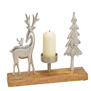 Portavelas decorativo navideño con renos y árbol sobre base de madera de mango - Product Image 2