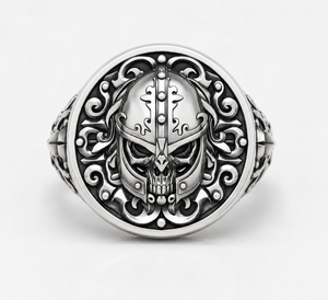 Anillo de Plata de Ley 925 con Engaste de Bisel Gótico de Casco de Calavera Vikinga Cristiana Oxidado Negro - Product Image 1