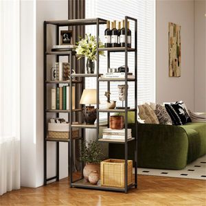 Freestanding 12-<b>Shelf</b> Geometric <b>Walnut</b> Bookcase Anti-Tip Kit Included with Metal Frame - Product Image 1