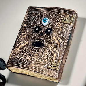 Embossed <b>Leather</b> Skeleton Journal Gothic Evil Eye Grimoire Notebook Vintage Pages <b>Diary</b> with Brass Lock Closure Halloween Gift - Product Image 4
