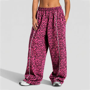 Womens Fashion Pink Leopard Print Contrastline Tracksuit Fleece Hoodie Wide Leg Jogger <b>Set</b> Oversized Casual Streetwear Two Piece - Product Image 4