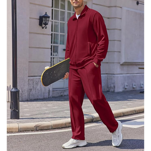 Ensemble de survêtement tricoté rouge pour homme, couleur unie, décontracté, automne, tissu polyester respirant, col montant - Product Image 4