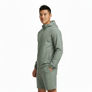 Custom Lightweight Breathable Sporty Polyester Men's Jacket Hoodie and Shorts <b>Set</b> Windproof Tracksuit - Product Image 2