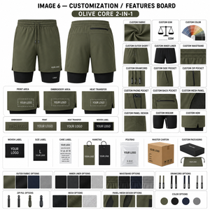 Men's Olive Green Double <b>Layer</b> Sport Shorts With Drawstring Waist And Side Pockets Quick Dry Fabric Custom Logo Front - Product Image 5