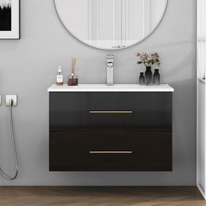 Mobile Bagno Sospeso Nero Lucido da 30 Pollici con Doppio Cassetto, Installazione Facile, Lavabo in Ceramica, Maniglia Lunga in Metallo - Product Image 1