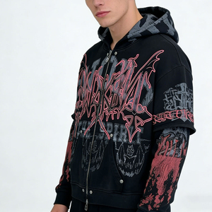 Sweat-shirt à capuche zippé noir surdimensionné pour homme avec imprimé gothique rose, design streetwear, coupe classique, en coton tricoté, pour l'automne - Product Image 4