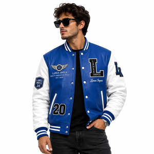 OEM Custom Baseball Letterman <b>Jacket</b> Blue & White with Chenille Embroidery PU Leather Sleeves Snap Button Closure Unisex <b>Jacket</b> - Product Image 1