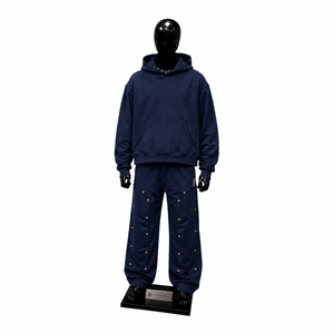 Ensemble de survêtement bleu marine oversize pour homme – Sweat-shirt à capuche et pantalon cargo en molleton de coton épais – Style streetwear décontracté - Product Image 1