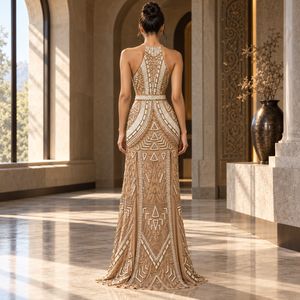 Vestido de noche color oro champán con cuello halter y cuentas geométricas |   Vestido largo ajustado con aberturas laterales en la cintura y doble abertura frontal - Product Image 4