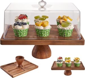 Soporte para pasteles con tapa, rectangular de 13 pulgadas, multifuncional, de madera maciza de acacia, juego de exhibición 2 en 1 para mesa de postres, bandeja para frutas - Product Image 1