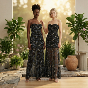 Abito Lungo Elegante Senza Spalline con Ricami Floreali in Tulle, Vestito da Sera Formale Arricciato per Donne - Product Image 4
