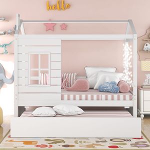 Letto a capanna in legno bianco per bambini, misura Twin, con letto estraibile - Set completo - Product Image 2