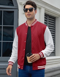 <b>Men's</b> Red White Varsity <b>Jacket</b> Quilted Color Blocking Turn-down Collar Zipper Closure Preppy Style Autumn Wear Regular Fit - Product Image 2