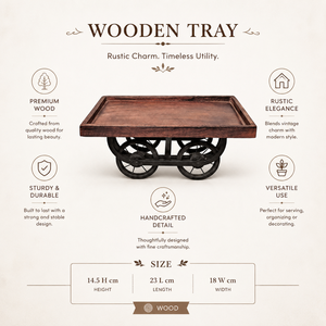 Bandeja de Servir de Madera Estilo Industrial con Ruedas de Hierro |   Plato Decorativo Rústico para Centro de Mesa, Decoración del Hogar - Product Image 5