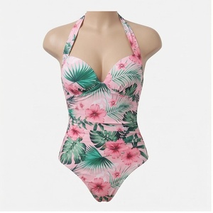 Maillot de bain une pièce rose à fleurs tropicales pour femme avec soutien-gorge push-up et tissu extensible - Product Image 1